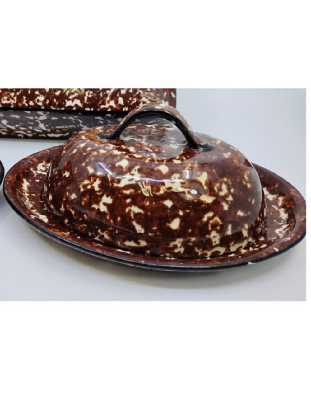 Stangl VINTAGE Brown & White Splatter TOWN & COUNTRY Lidded Butter Dish, 1975